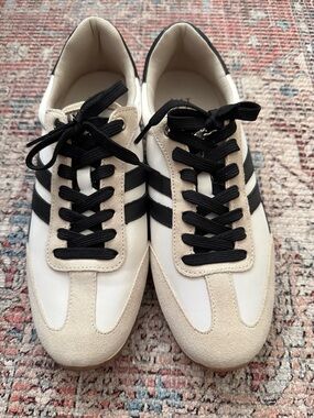 Women’s Low-Top Leather & Suede Sneaker in Black and Cream